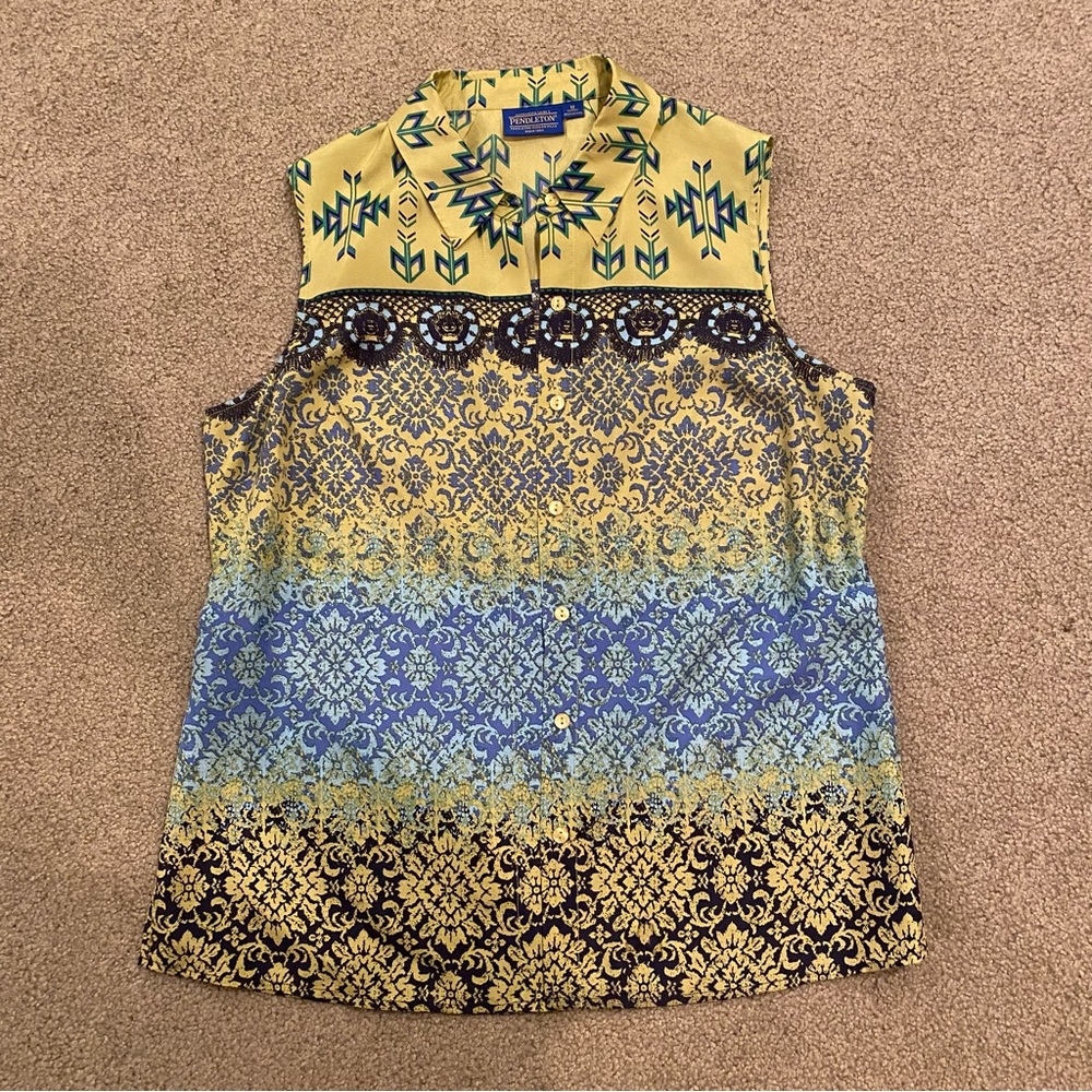 Pendleton Yellow and Blue Sleeveless Silk Button Down Shirt Medium